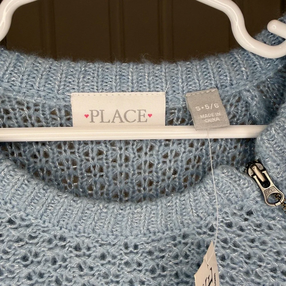 The Childrens Place Girls Blue Shimmer Open Knit Zipper Sweater Size S‎ 5/6 NWT